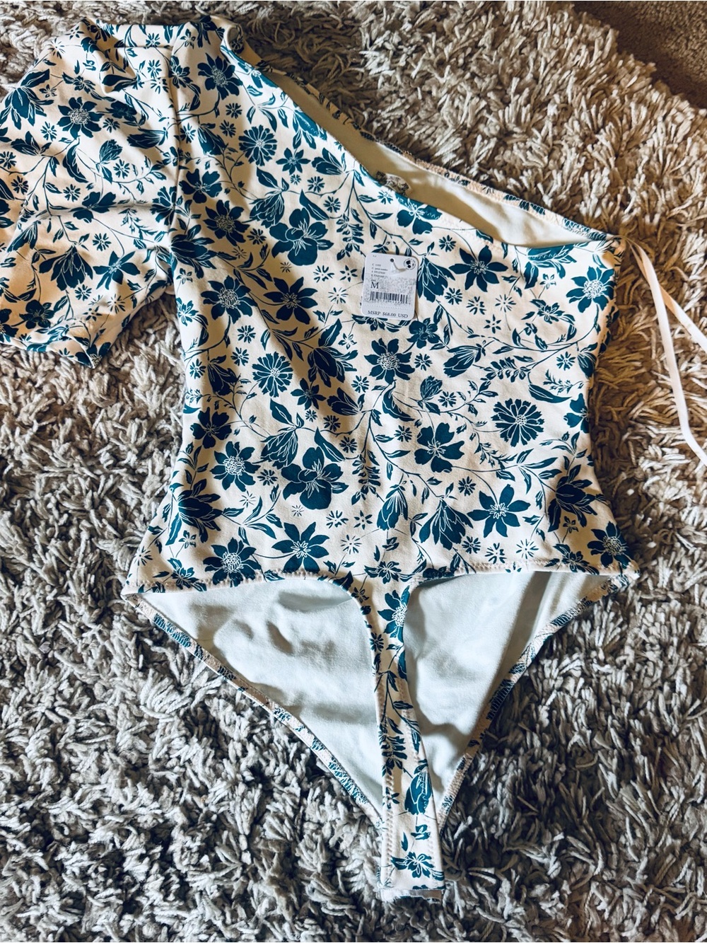 Free People Petal Combo One-Shoulder Floral bodysuit  in Teal and White - Picture 3 of 3